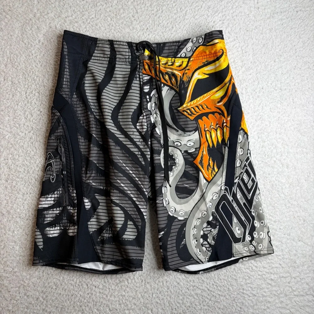 O'Neill Byerly Freak Board Shorts Mens 30 Black Orange Skull Octopus Y2K Trunks